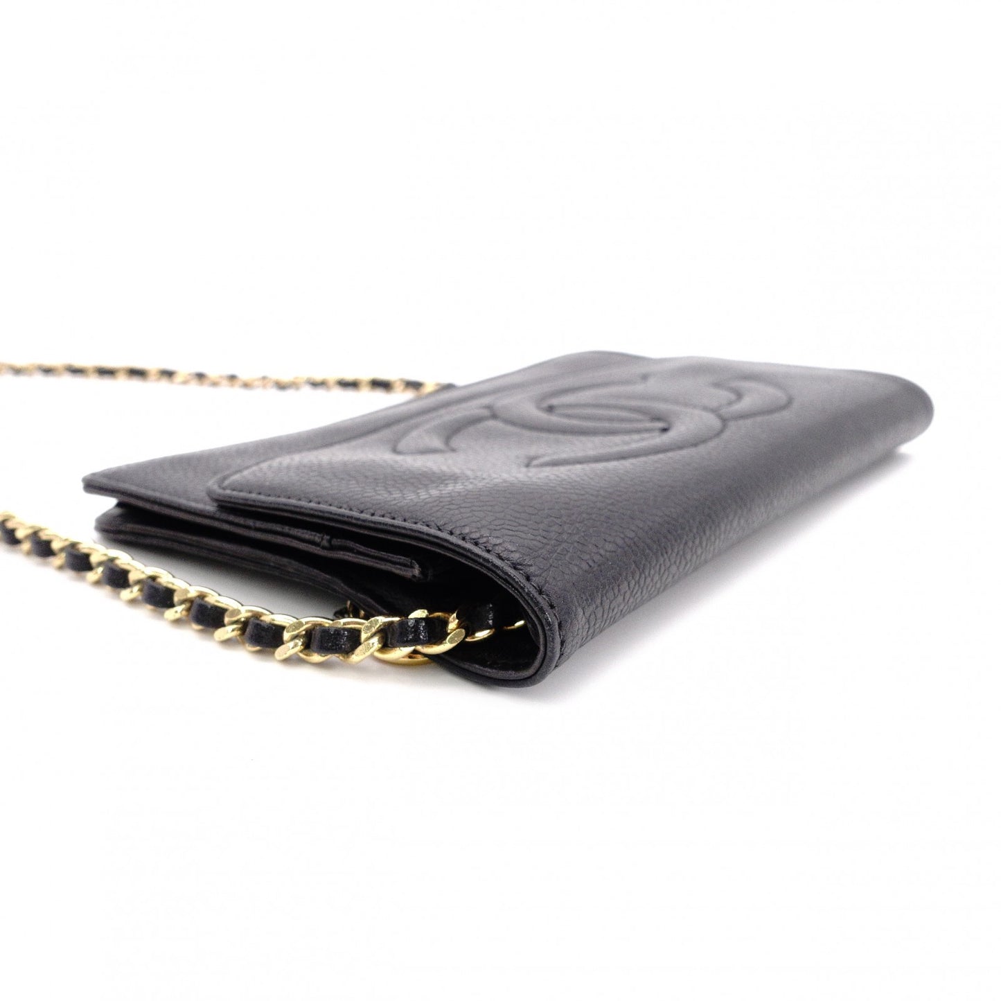 CHANEL Caviar Skin Chain Wallet Shoulder Bag, Leather, Black with Gold Hardware