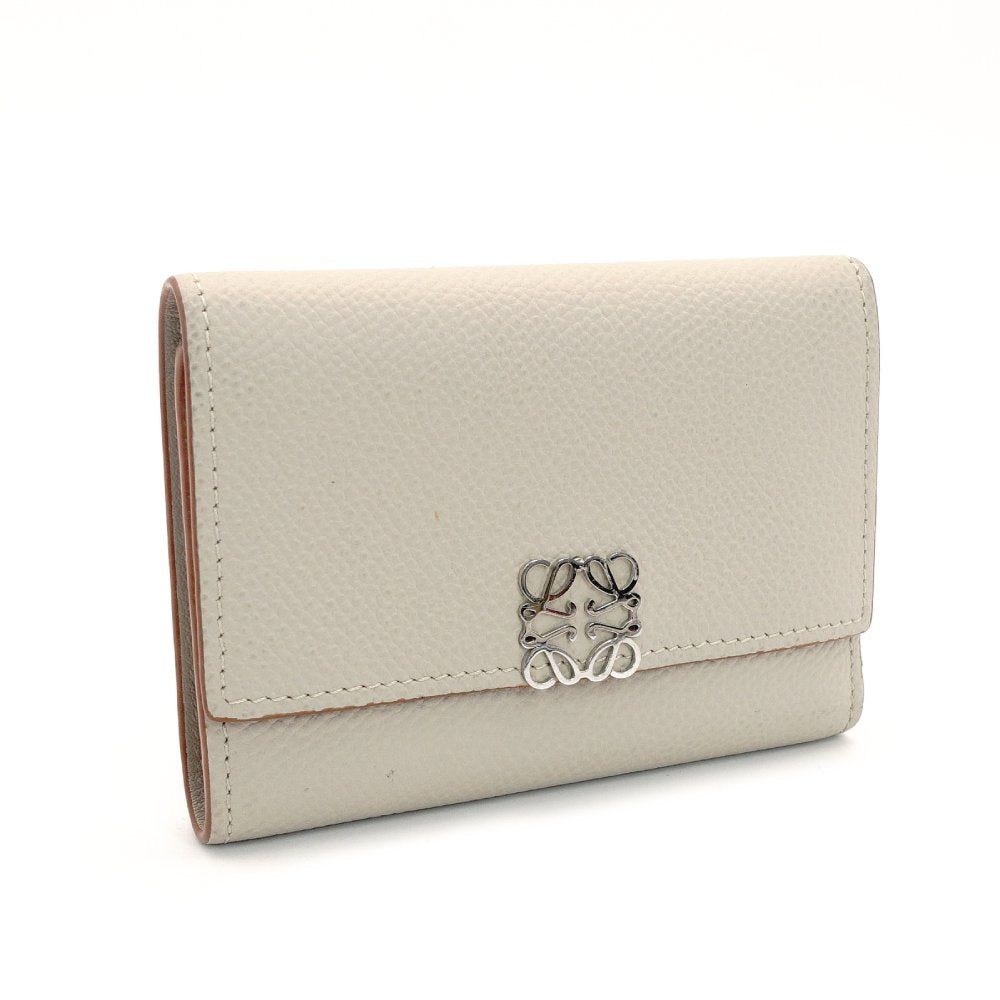 LOEWE Anagram Small Vertical Fold Wallet Compact Wallet Mini Wallet Beige Leather 7-10-430