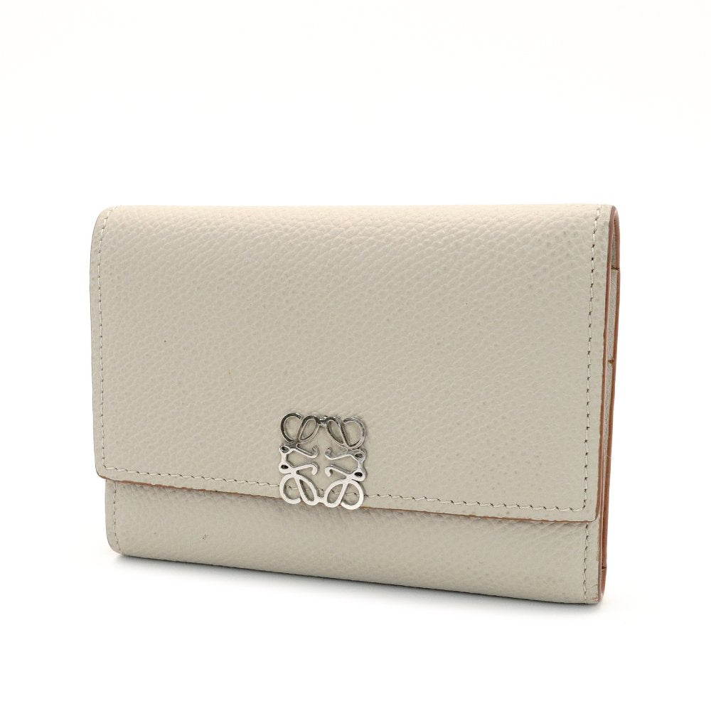 LOEWE Anagram Small Vertical Fold Wallet Compact Wallet Mini Wallet Beige Leather 7-10-430