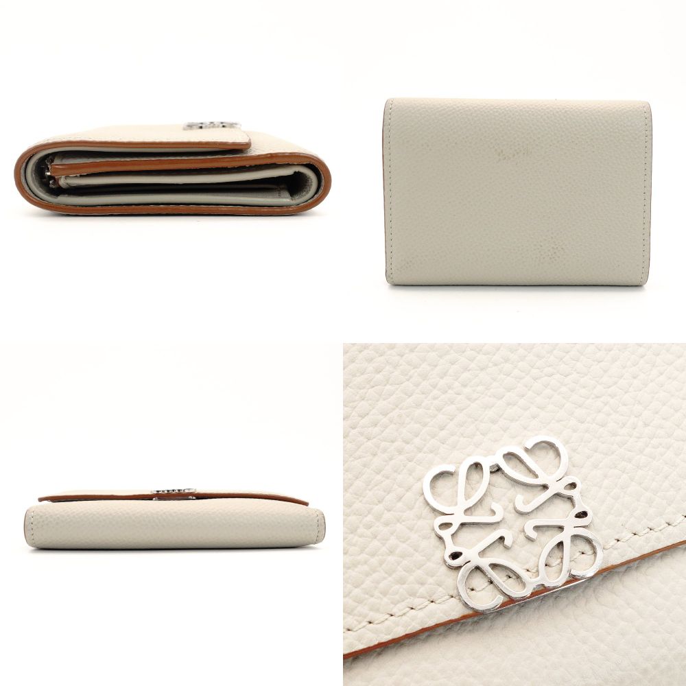 LOEWE Anagram Small Vertical Fold Wallet Compact Wallet Mini Wallet Beige Leather 7-10-430