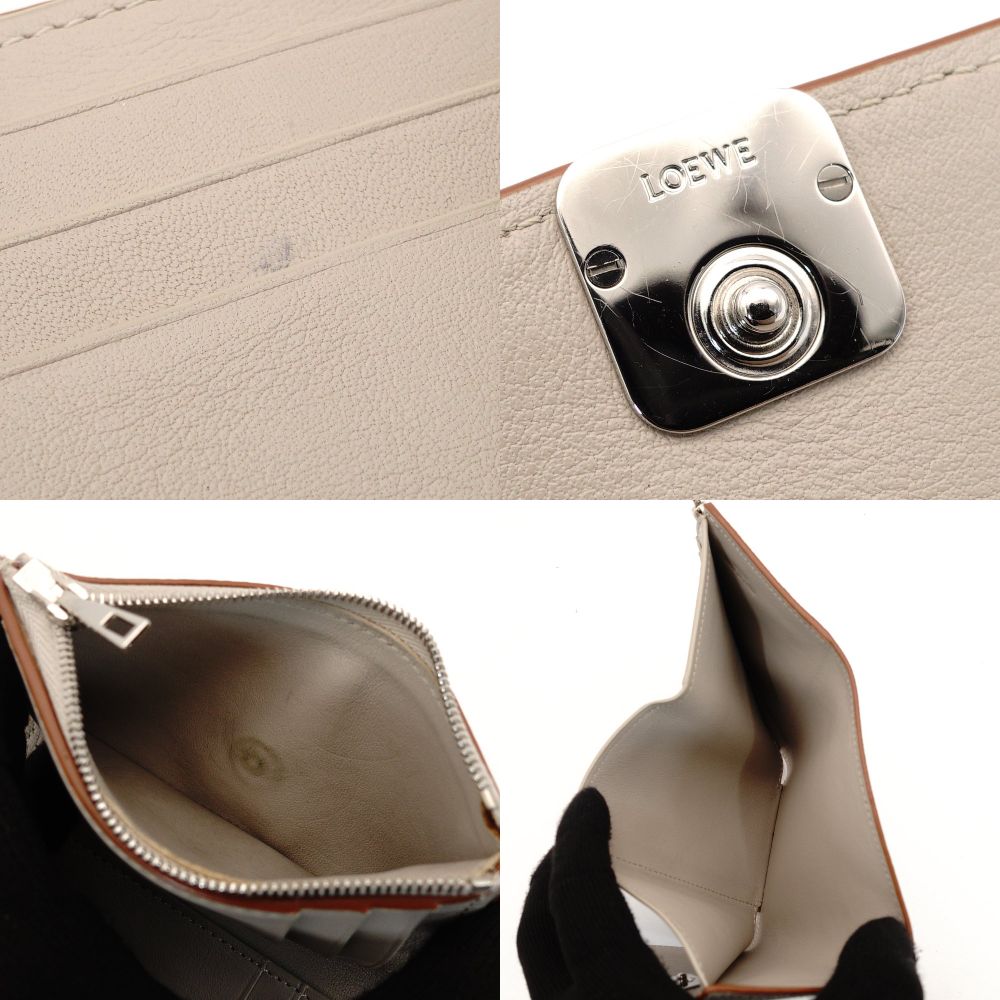 LOEWE Anagram Small Vertical Fold Wallet Compact Wallet Mini Wallet Beige Leather 7-10-430