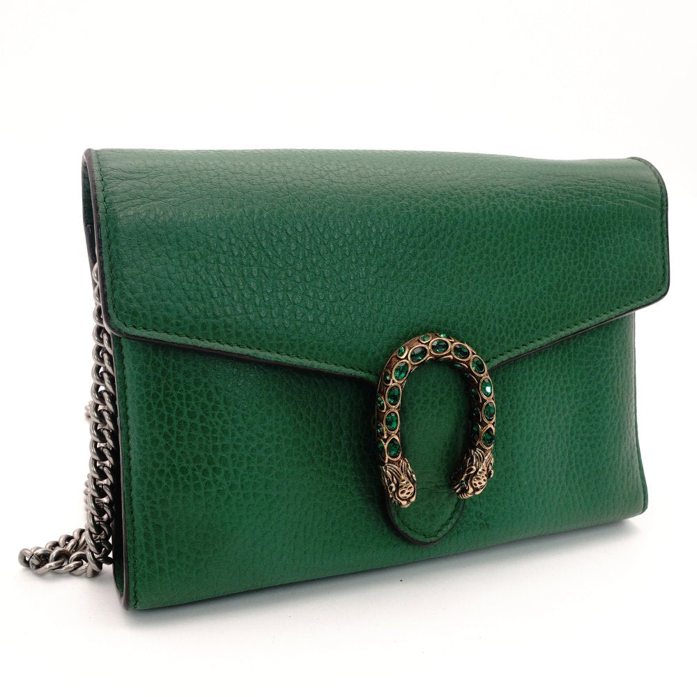 GUCCI Dionysus Chain Wallet Green Leather Green Shoulder Bag Rhinestone 7-6-261