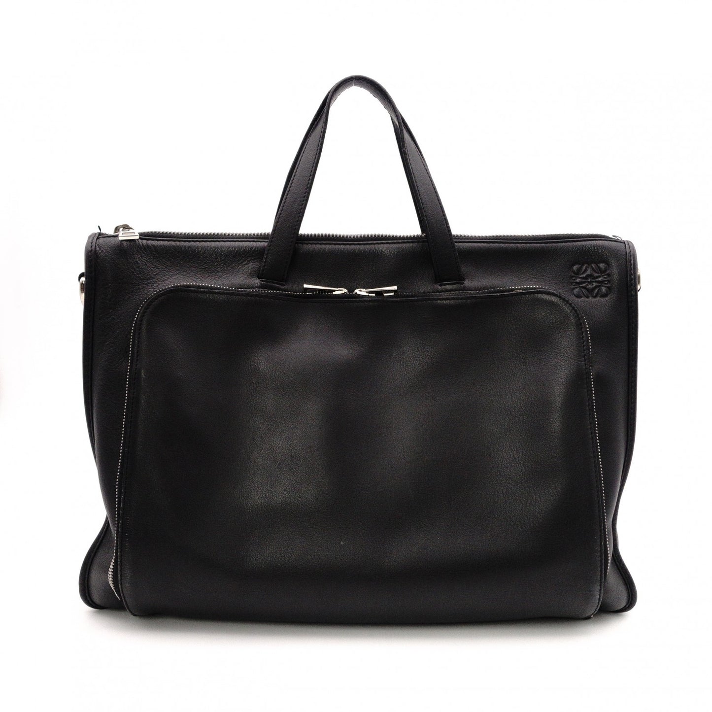 LOEWE Anagram Handbag, Leather, Black, Men's Business Bag, for Work, A4 Size, Silver Hardware