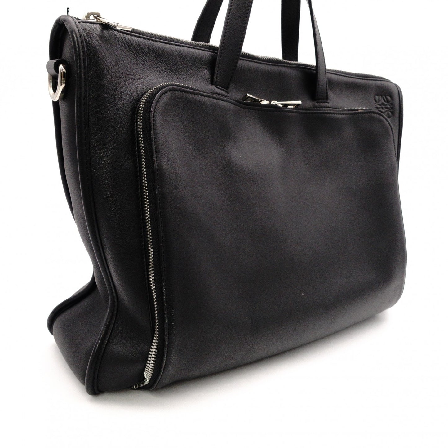 LOEWE Anagram Handbag, Leather, Black, Men's Business Bag, for Work, A4 Size, Silver Hardware