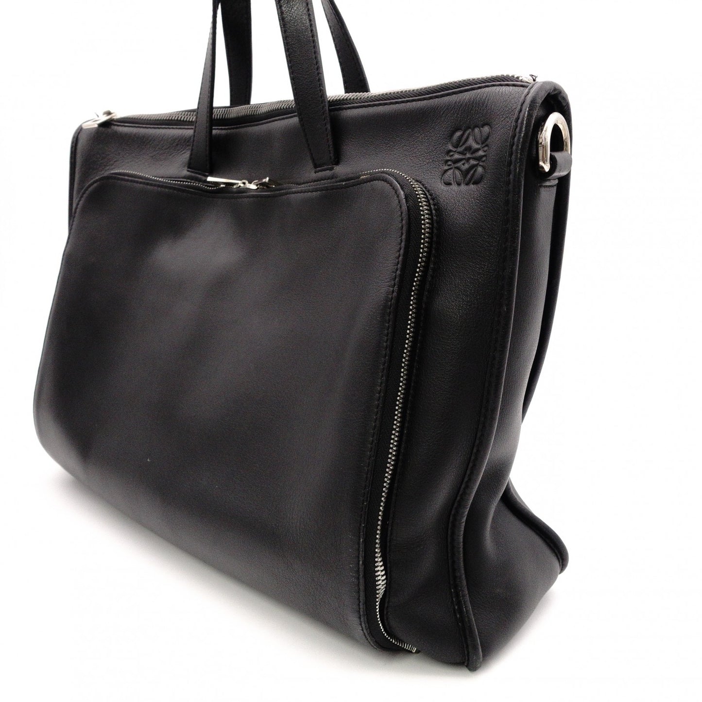 LOEWE Anagram Handbag, Leather, Black, Men's Business Bag, for Work, A4 Size, Silver Hardware