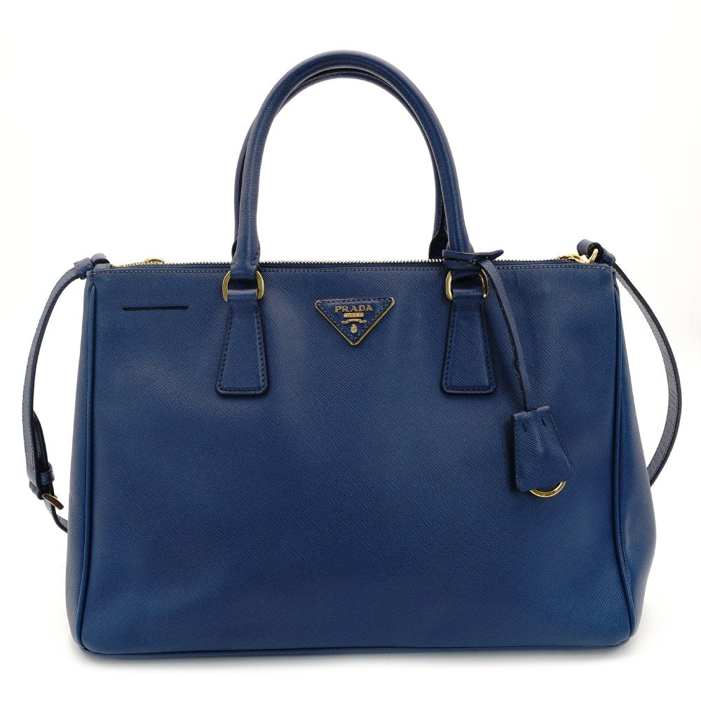 PRADA Galleria Handbag Tote Blue Triangle Logo Blue Leather 2-Way Shoulder Gold Hardware 7-8-168
