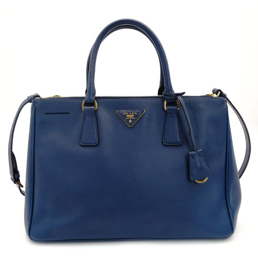 PRADA Galleria Handbag Tote Blue Triangle Logo Blue Leather 2-Way Shoulder Gold Hardware 7-8-168