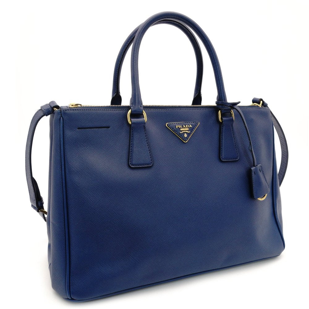 PRADA Galleria Handbag Tote Blue Triangle Logo Blue Leather 2-Way Shoulder Gold Hardware 7-8-168