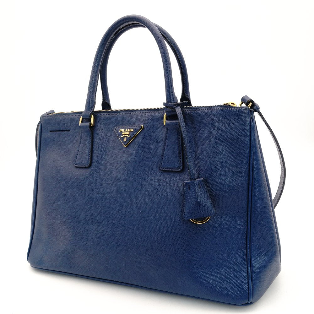 PRADA Galleria Handbag Tote Blue Triangle Logo Blue Leather 2-Way Shoulder Gold Hardware 7-8-168