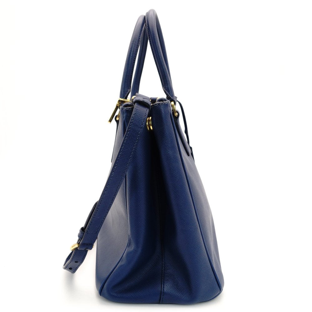 PRADA Galleria Handbag Tote Blue Triangle Logo Blue Leather 2-Way Shoulder Gold Hardware 7-8-168