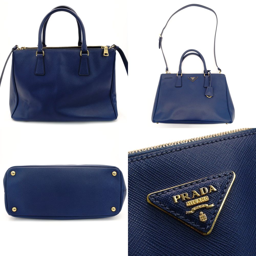 PRADA Galleria Handbag Tote Blue Triangle Logo Blue Leather 2-Way Shoulder Gold Hardware 7-8-168
