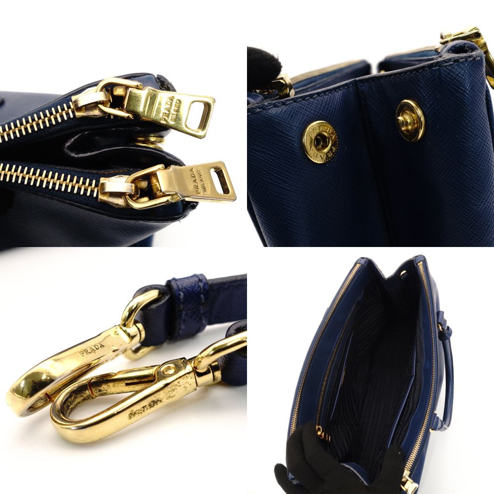 PRADA Galleria Handbag Tote Blue Triangle Logo Blue Leather 2-Way Shoulder Gold Hardware 7-8-168