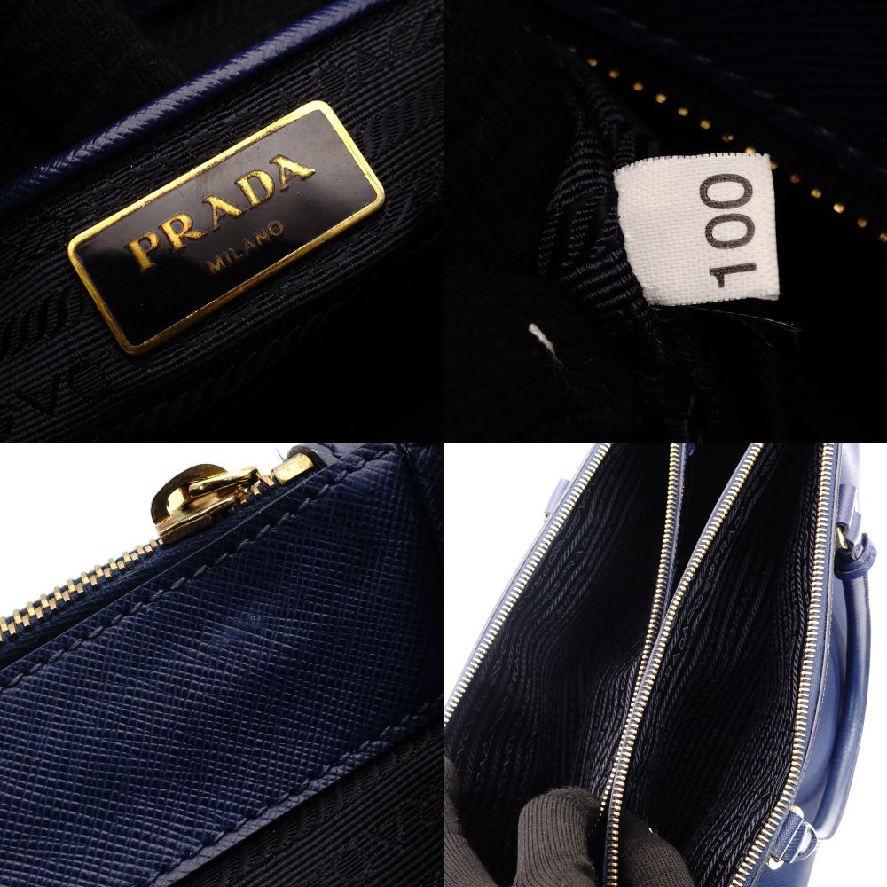 PRADA Galleria Handbag Tote Blue Triangle Logo Blue Leather 2-Way Shoulder Gold Hardware 7-8-168
