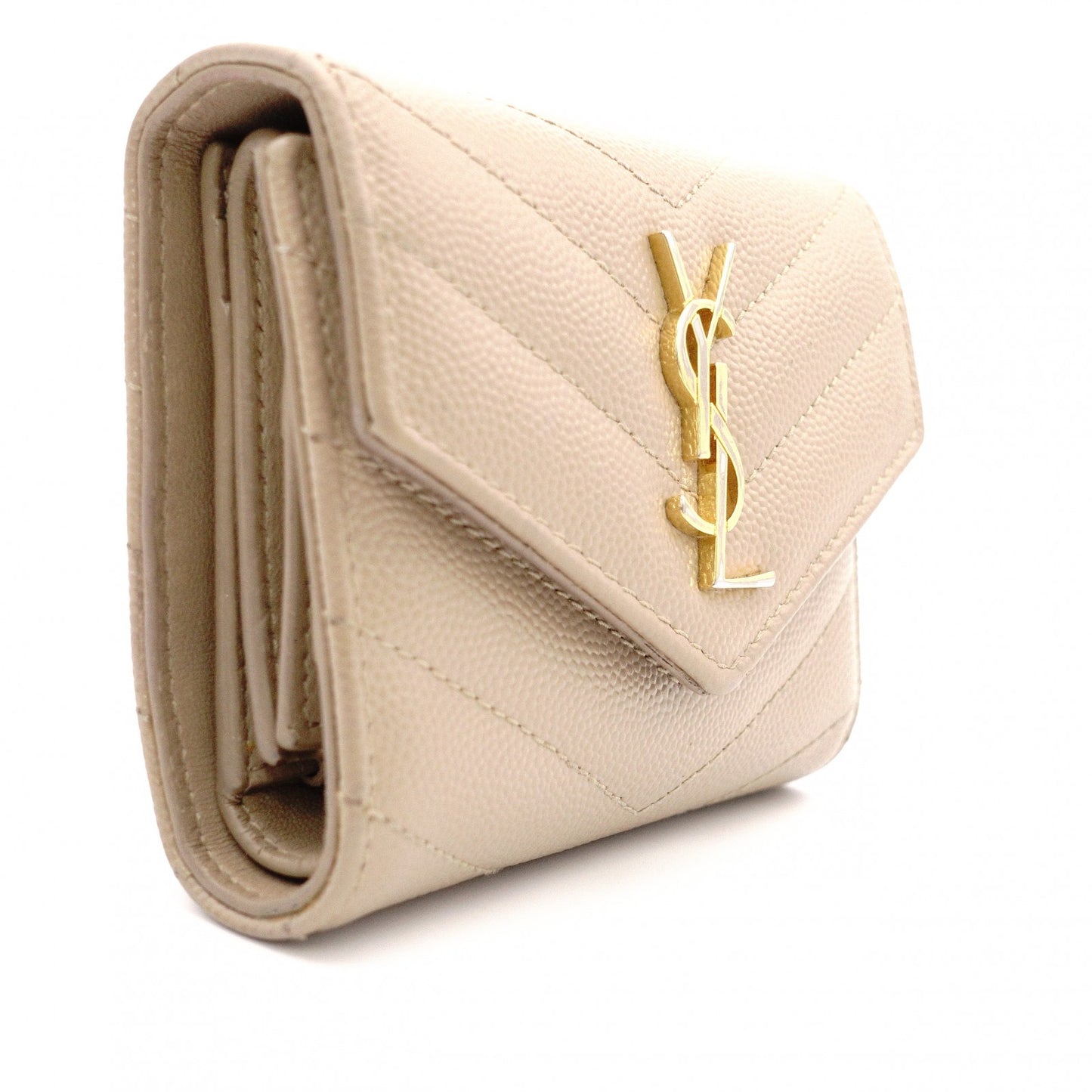 SAINT LAURENT Cassandra Tri-Fold Wallet, Leather, Beige, Gold Hardware