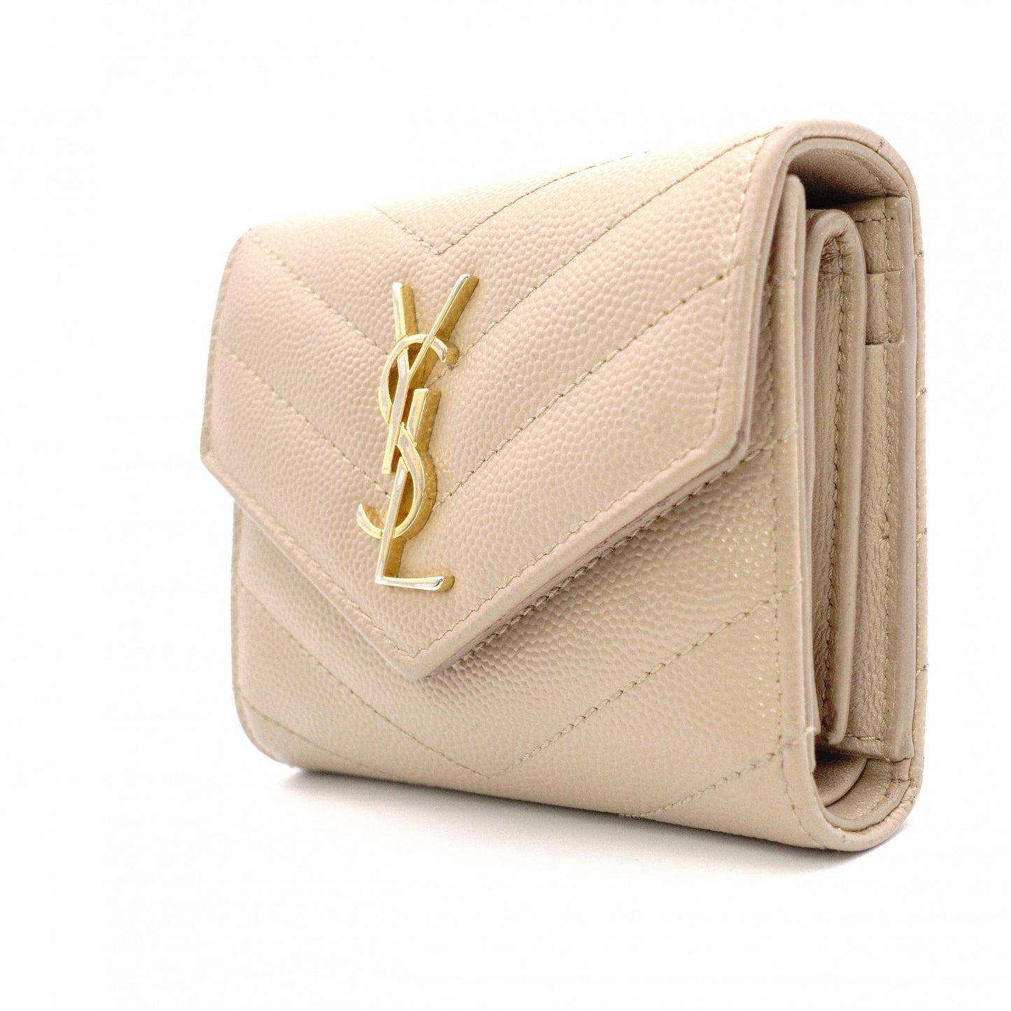 SAINT LAURENT Cassandra Tri-Fold Wallet, Leather, Beige, Gold Hardware