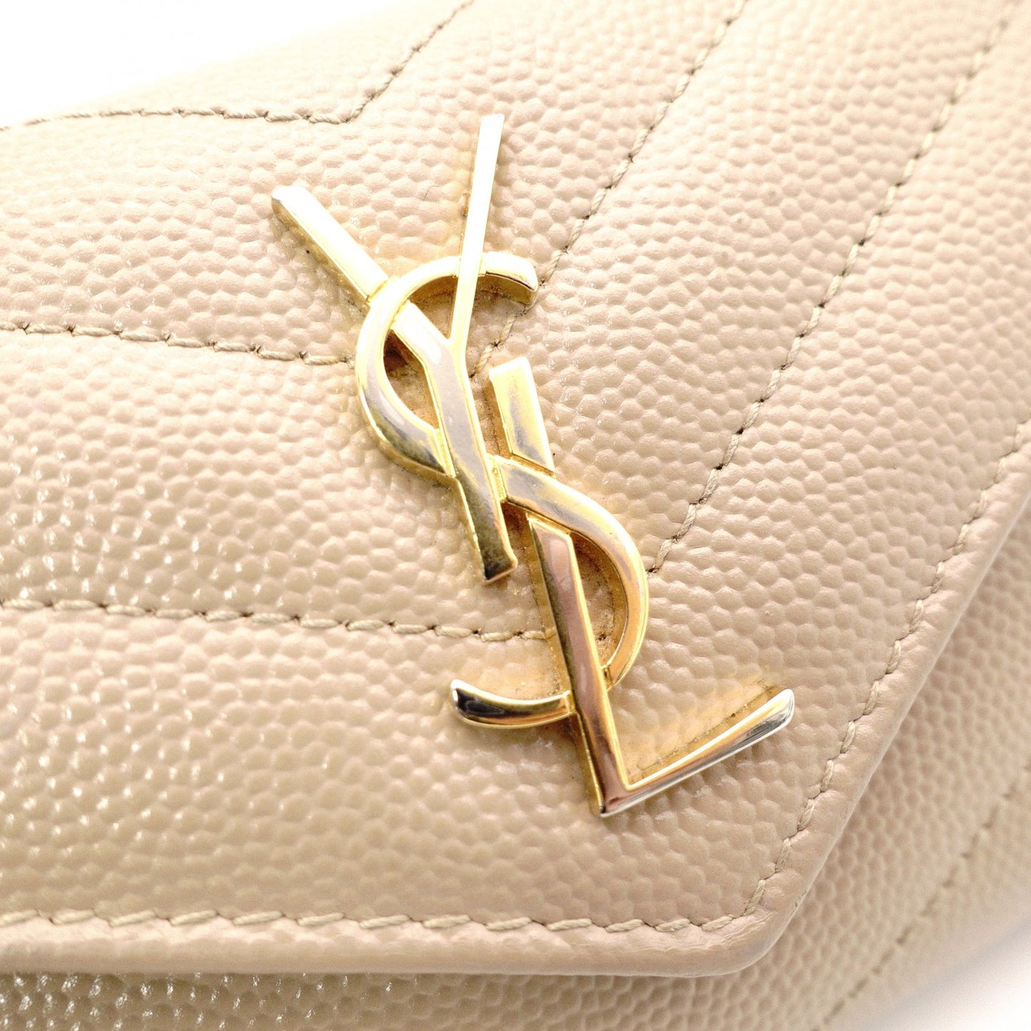 SAINT LAURENT Cassandra Tri-Fold Wallet, Leather, Beige, Gold Hardware