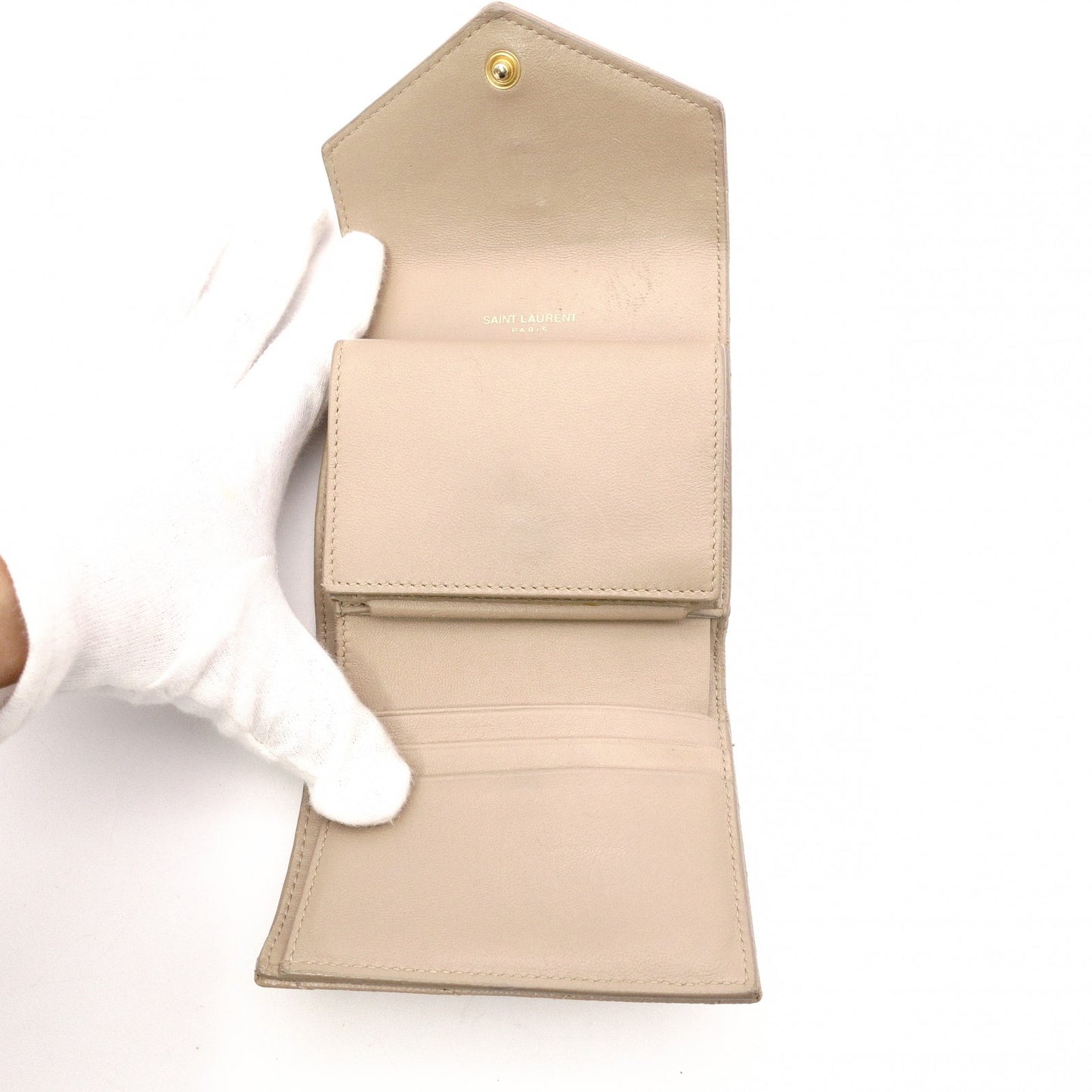 SAINT LAURENT Cassandra Tri-Fold Wallet, Leather, Beige, Gold Hardware