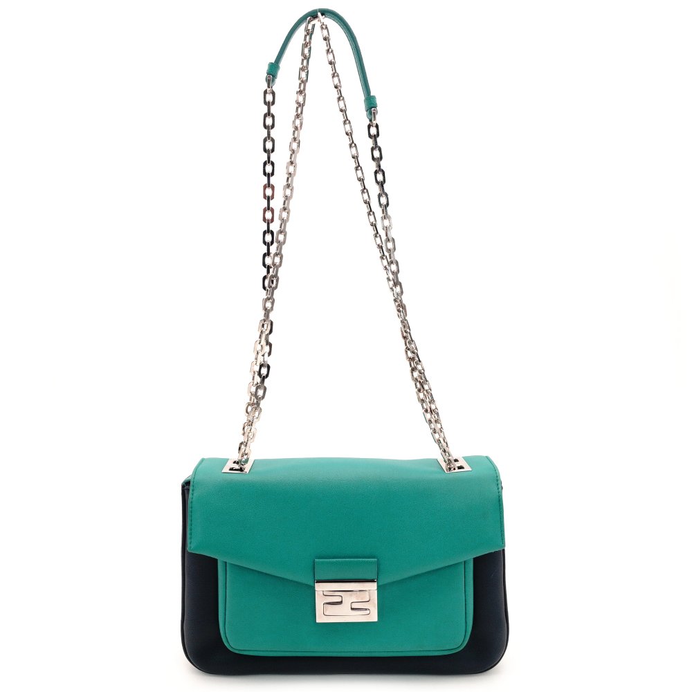 FENDI Bucket Chain Shoulder Bag Green x Navy Leather Crossbody FF Logo Silver Hardware 7-10-132