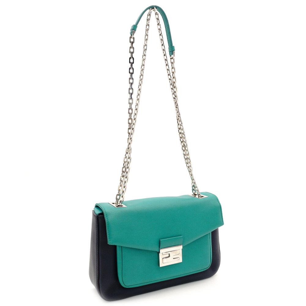FENDI Bucket Chain Shoulder Bag Green x Navy Leather Crossbody FF Logo Silver Hardware 7-10-132