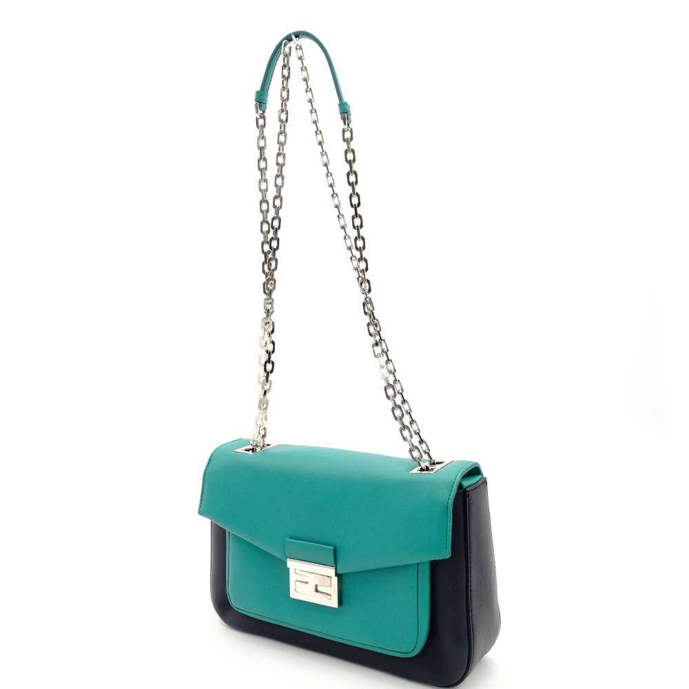 FENDI Bucket Chain Shoulder Bag Green x Navy Leather Crossbody FF Logo Silver Hardware 7-10-132