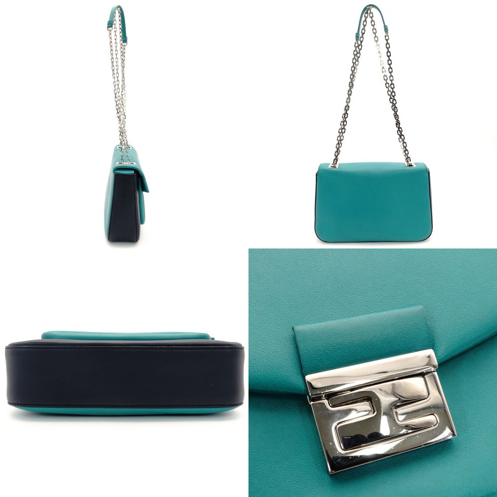 FENDI Bucket Chain Shoulder Bag Green x Navy Leather Crossbody FF Logo Silver Hardware 7-10-132