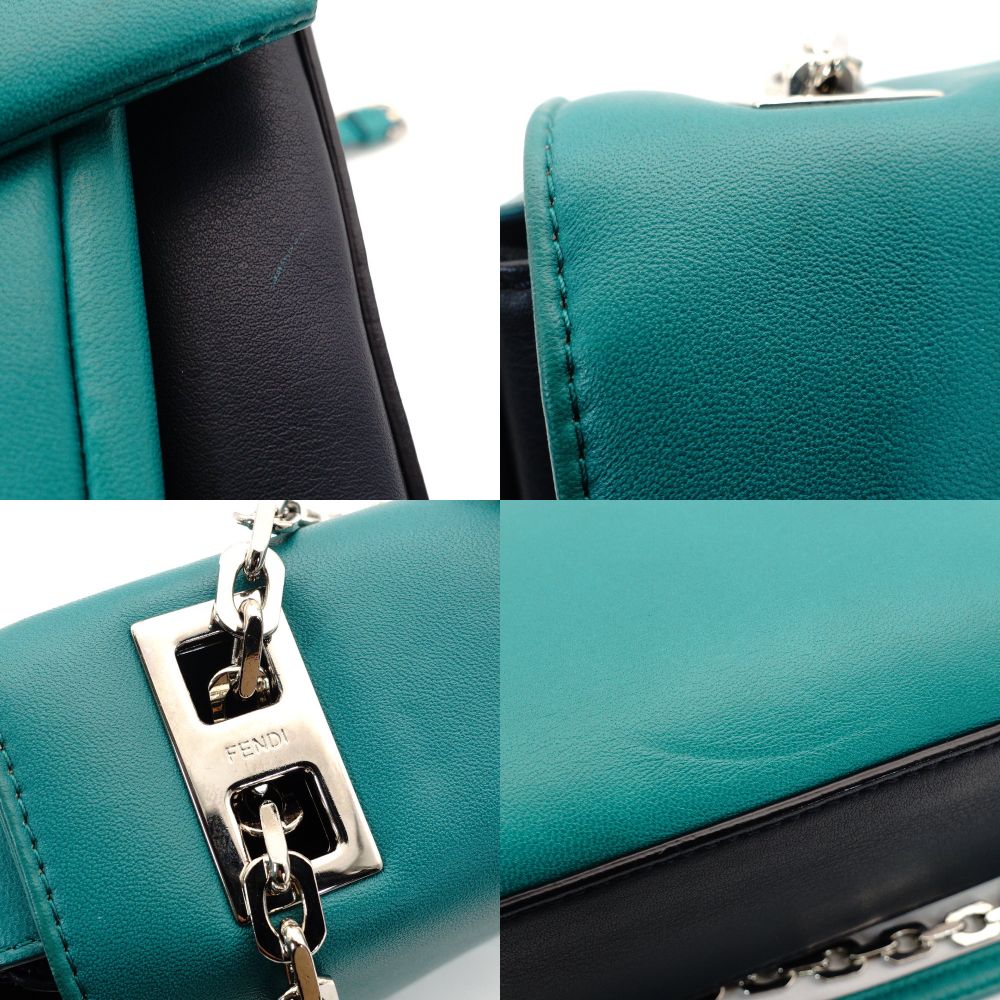 FENDI Bucket Chain Shoulder Bag Green x Navy Leather Crossbody FF Logo Silver Hardware 7-10-132