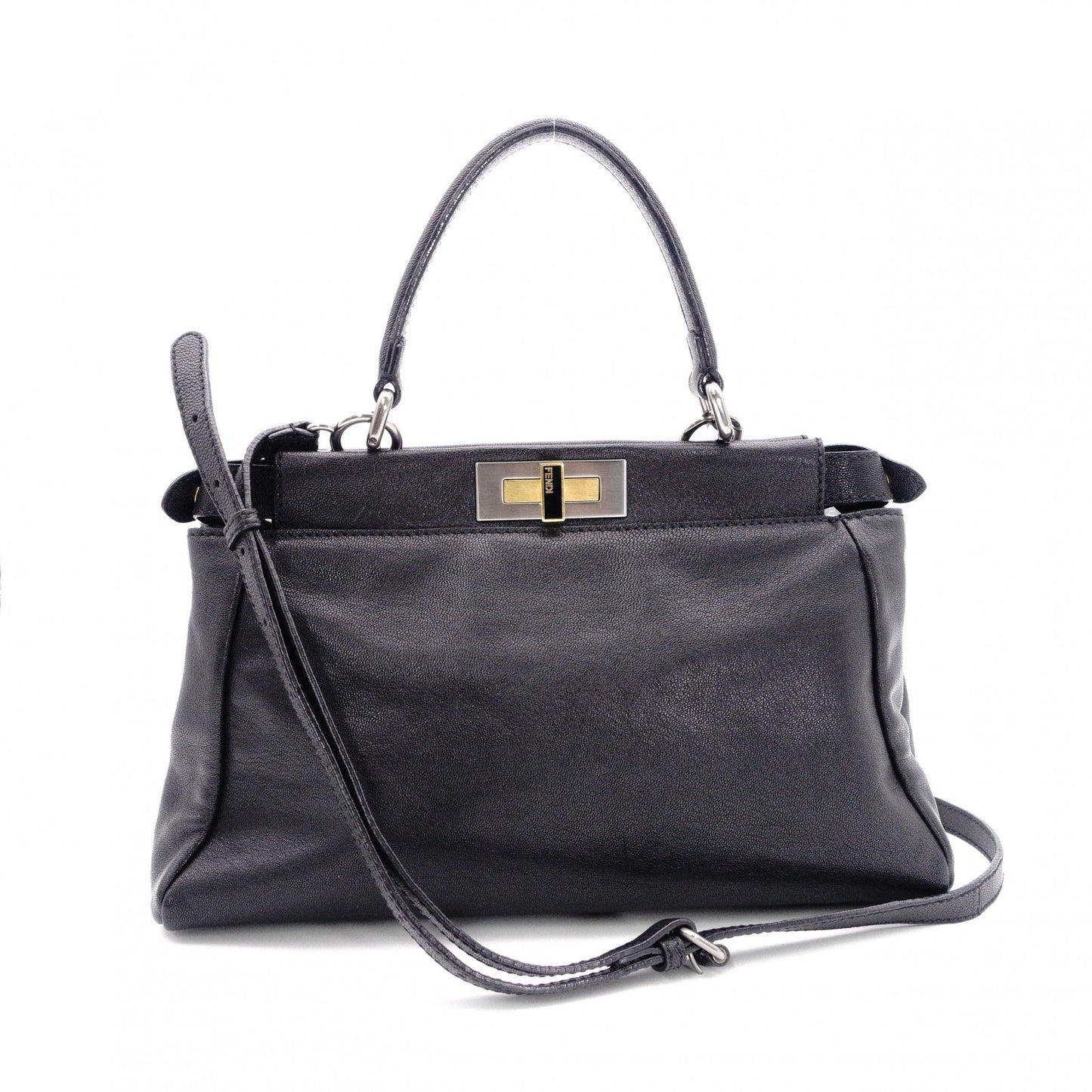 FENDI Peekaboo Handbag, Leather, Black, 2-Way, Gold Hardware, Crossbody