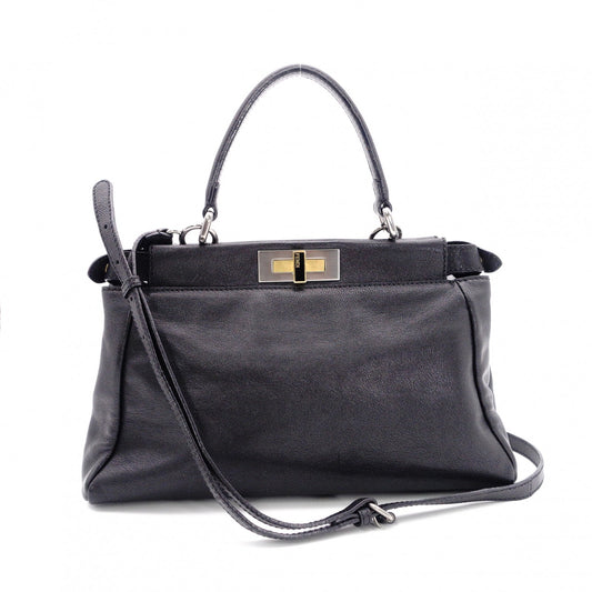 FENDI Peekaboo Handbag, Leather, Black, 2-Way, Gold Hardware, Crossbody