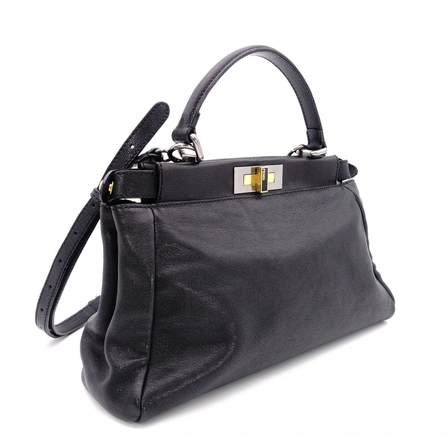 FENDI Peekaboo Handbag, Leather, Black, 2-Way, Gold Hardware, Crossbody