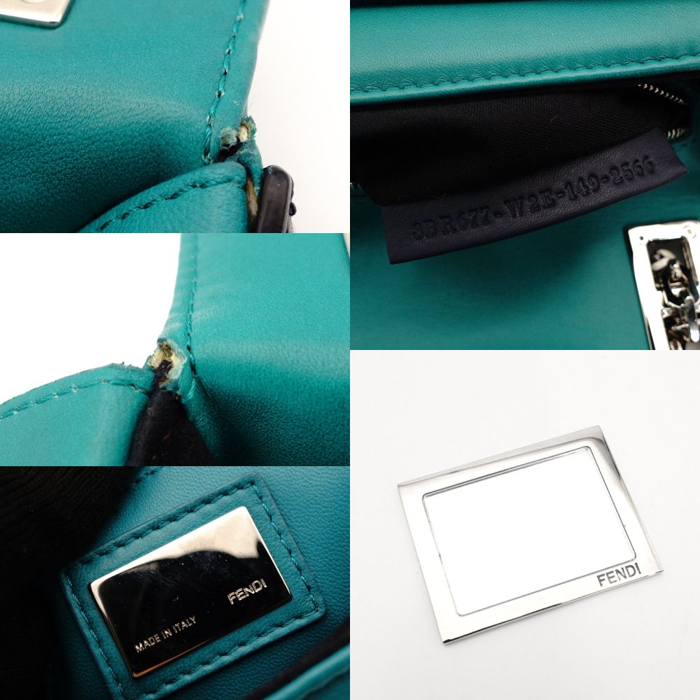 FENDI Bucket Chain Shoulder Bag Green x Navy Leather Crossbody FF Logo Silver Hardware 7-10-132
