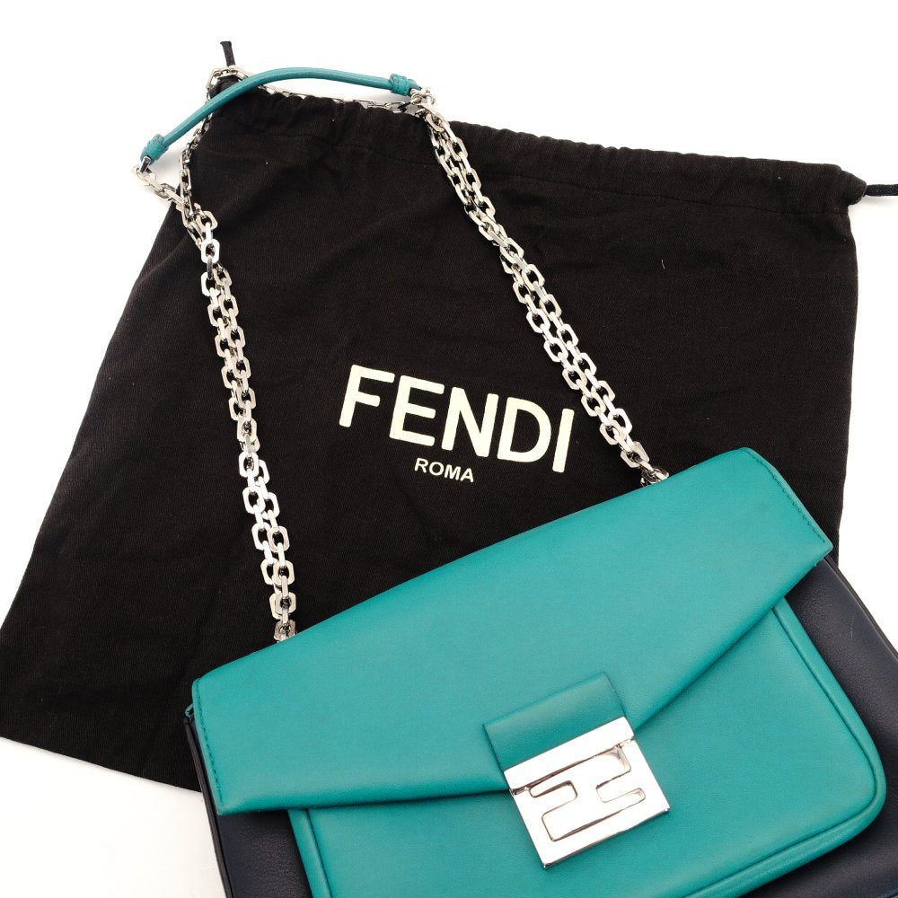 FENDI Bucket Chain Shoulder Bag Green x Navy Leather Crossbody FF Logo Silver Hardware 7-10-132
