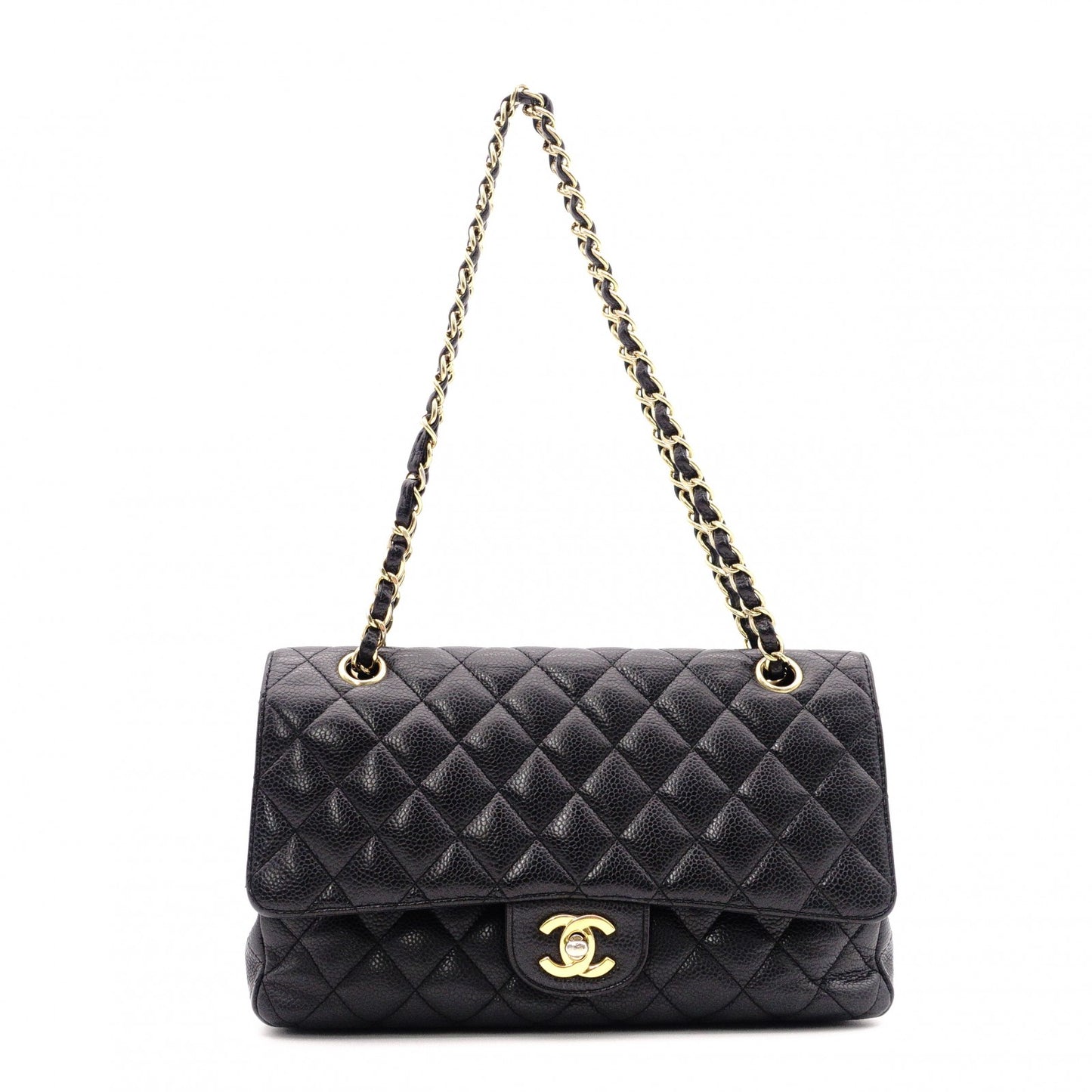 CHANEL W Flap Matelassé Caviar Leather Classic Shoulder Bag, Black Leather with Gold Hardware