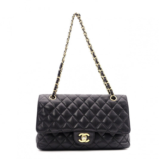 CHANEL W Flap Matelassé Caviar Leather Classic Shoulder Bag, Black Leather with Gold Hardware