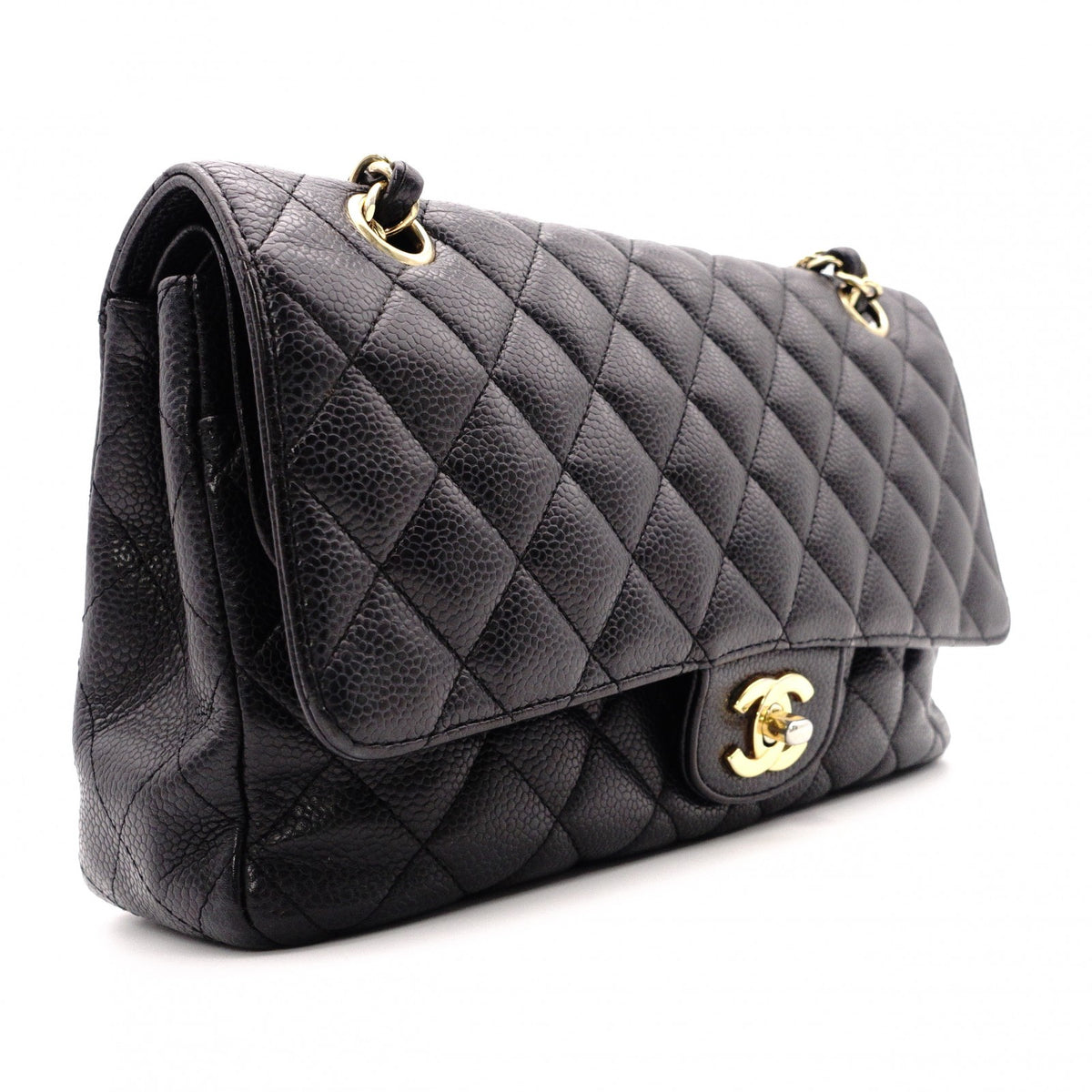 CHANEL W Flap Matelassé Caviar Leather Classic Shoulder Bag, Black Leather with Gold Hardware
