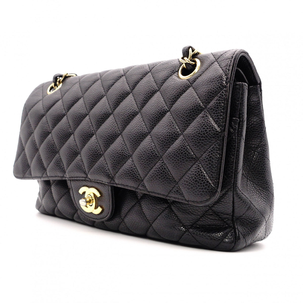 CHANEL W Flap Matelassé Caviar Leather Classic Shoulder Bag, Black Leather with Gold Hardware