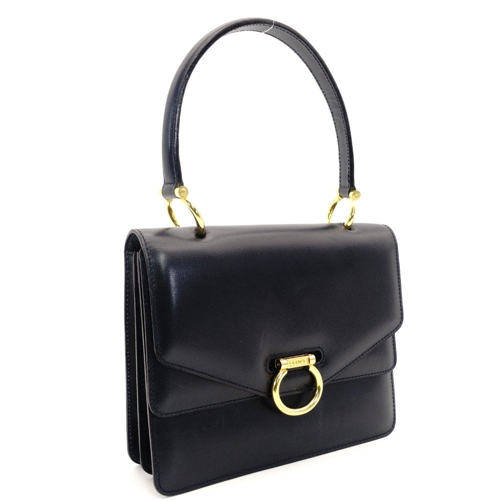 Celine Circle Logo Vintage Handbag Navy Leather Gold Hardware 7-9-246