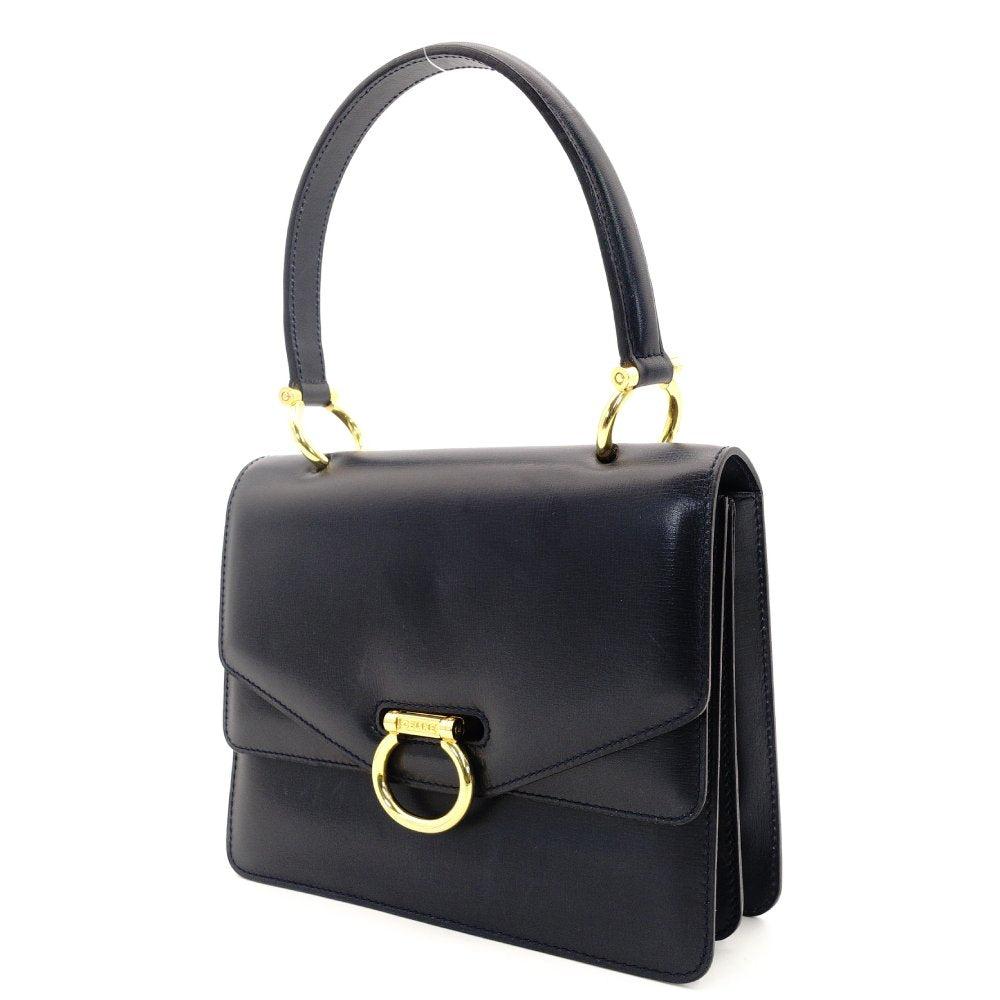 Celine Circle Logo Vintage Handbag Navy Leather Gold Hardware 7-9-246