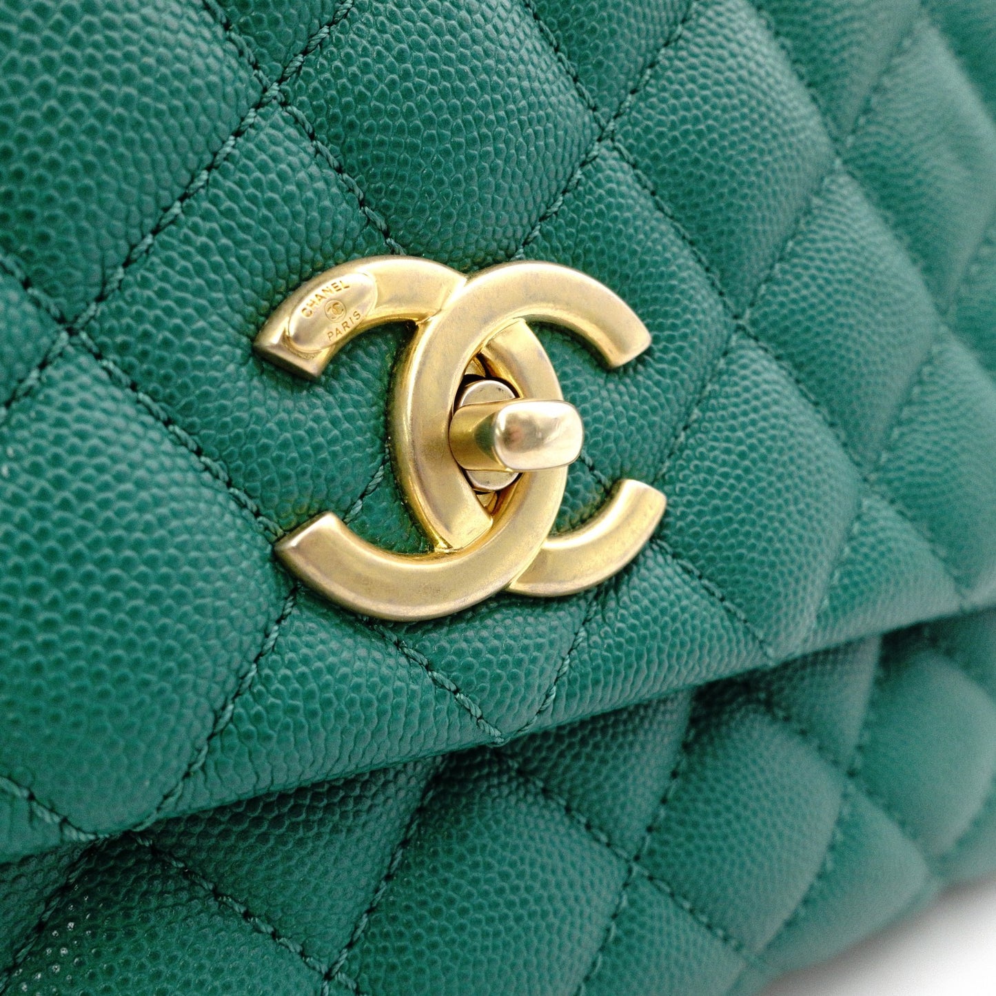 CHANEL Coco Handle Matelassé Handbag, Leather, Green Caviar Skin, 2-Way, Gold Hardware