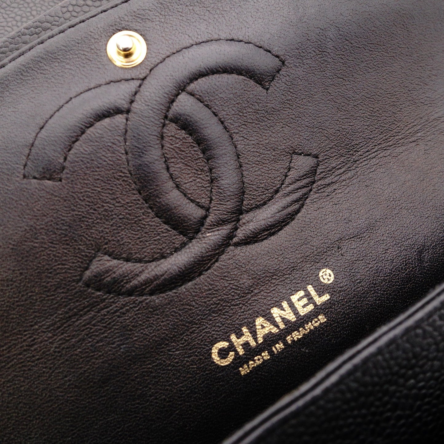 CHANEL W Flap Matelassé Caviar Leather Classic Shoulder Bag, Black Leather with Gold Hardware