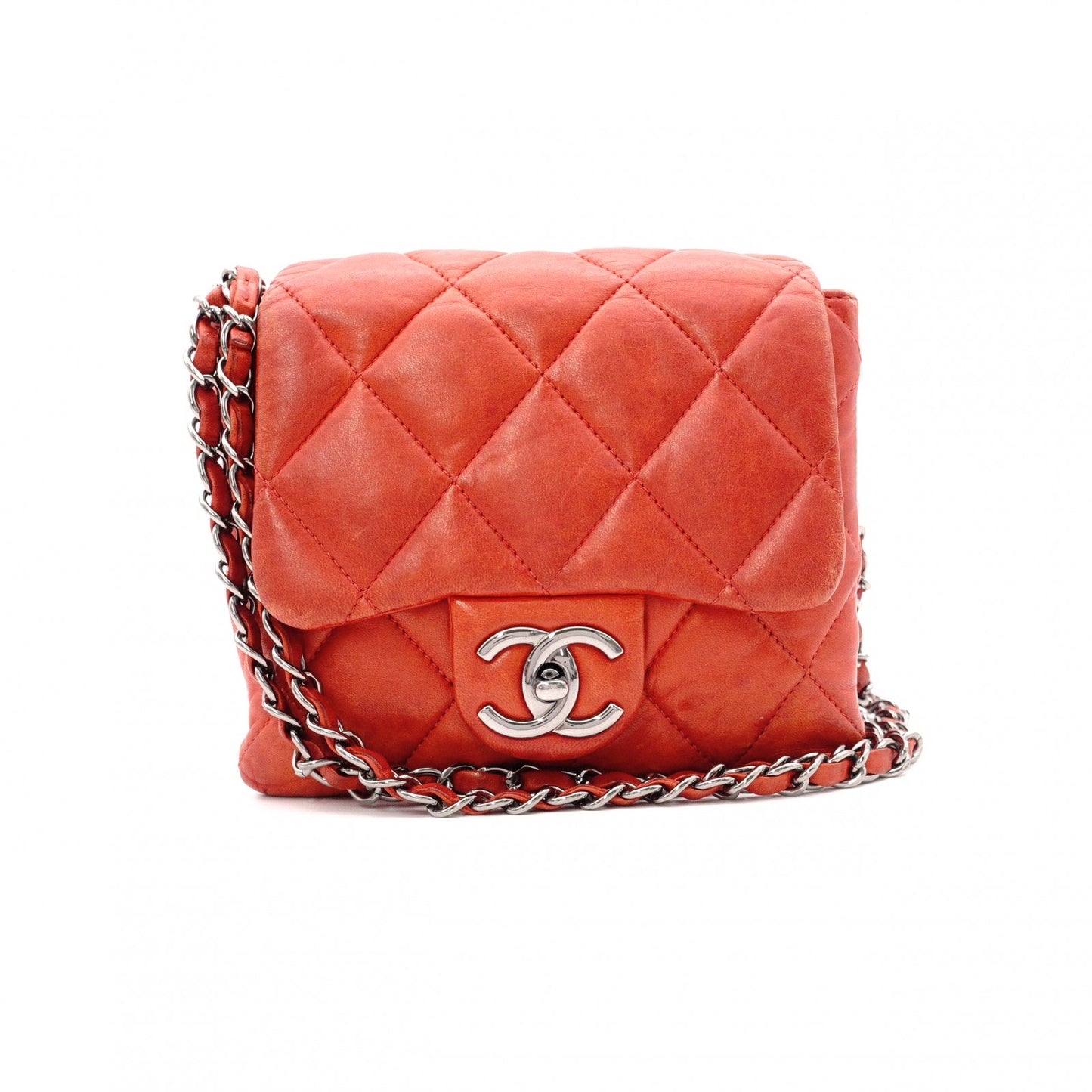 CHANEL Chain Shoulder Bag, Matelassé Shoulder Bag, Leather, Red, Crossbody, Silver Hardware