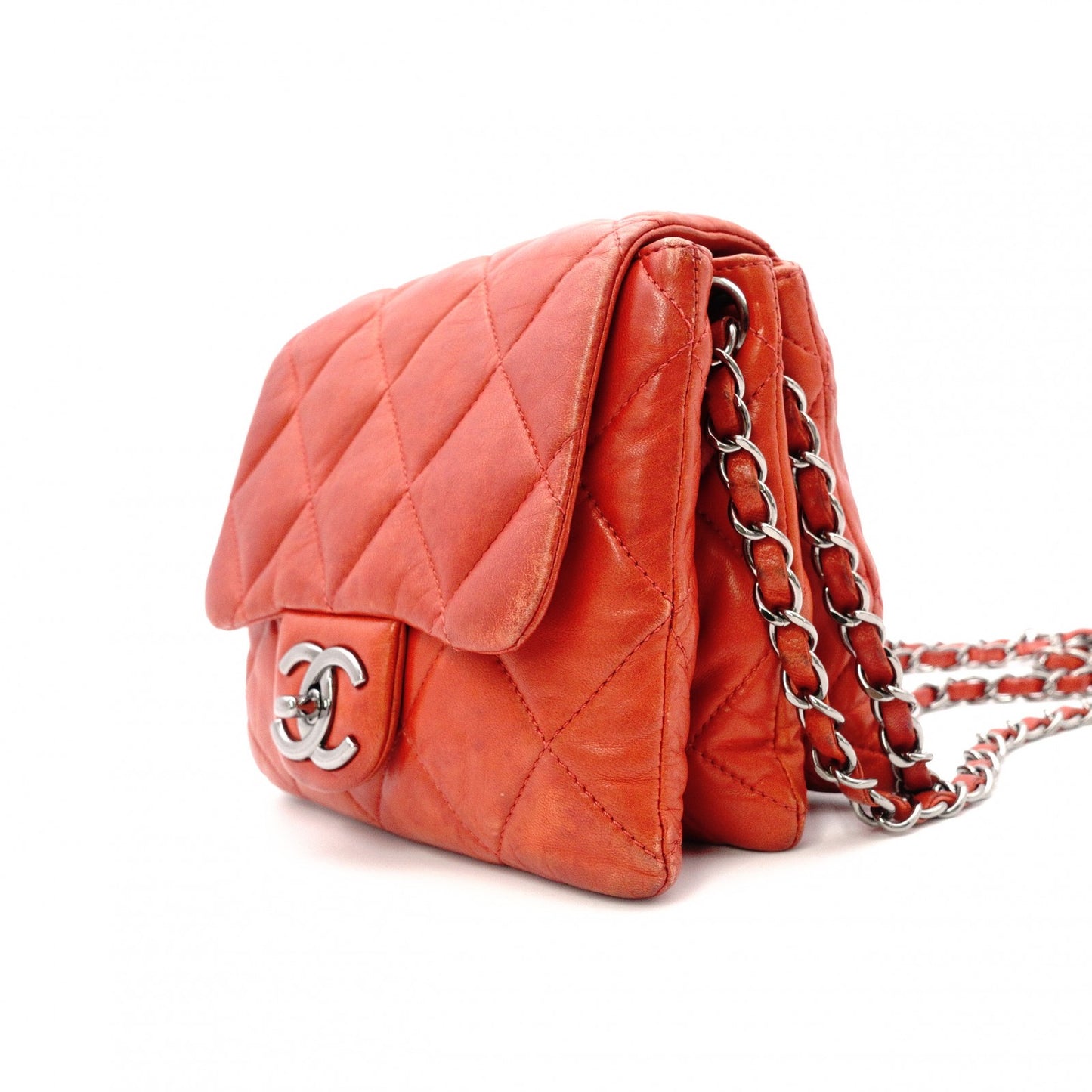 CHANEL Chain Shoulder Bag, Matelassé Shoulder Bag, Leather, Red, Crossbody, Silver Hardware