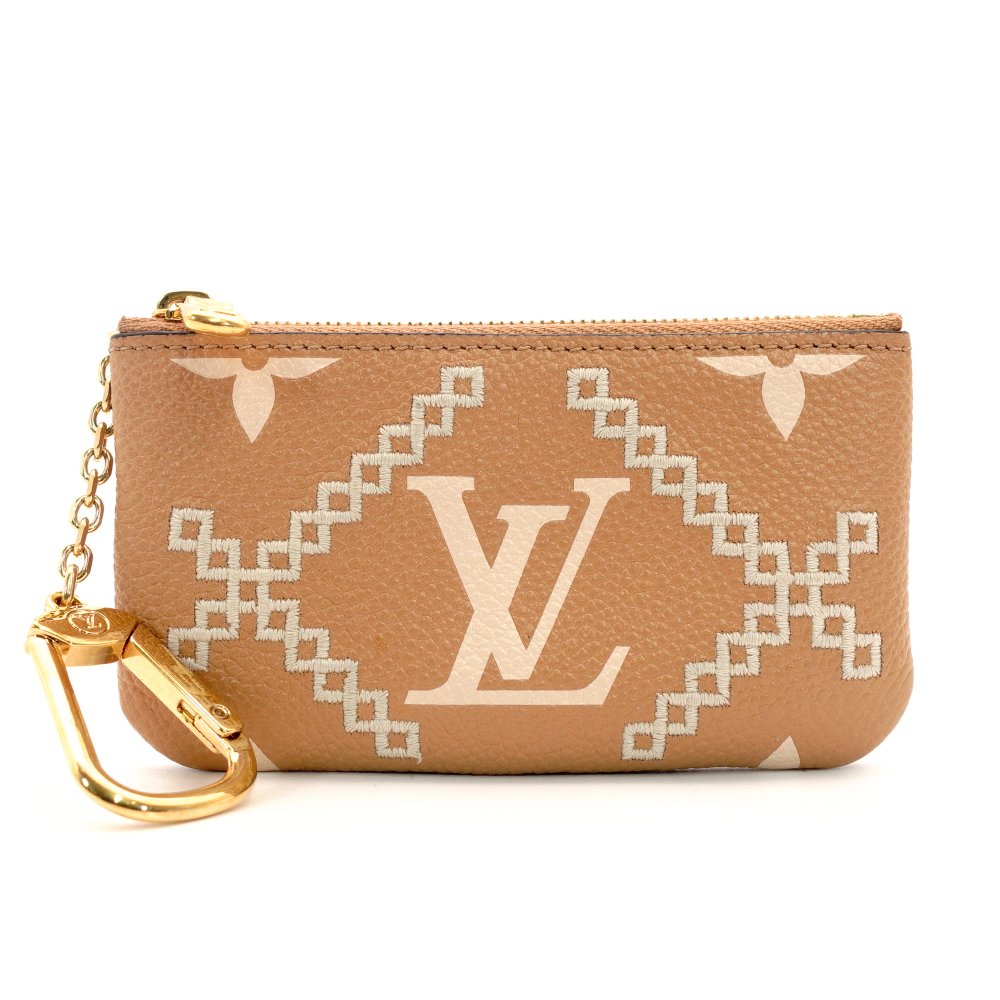 LOUIS VUITTON Monogram Implant Pochette Clé Beige Leather M81165 Coin Case 7-10-570