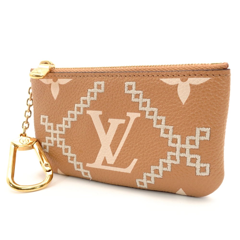 LOUIS VUITTON Monogram Implant Pochette Clé Beige Leather M81165 Coin Case 7-10-570