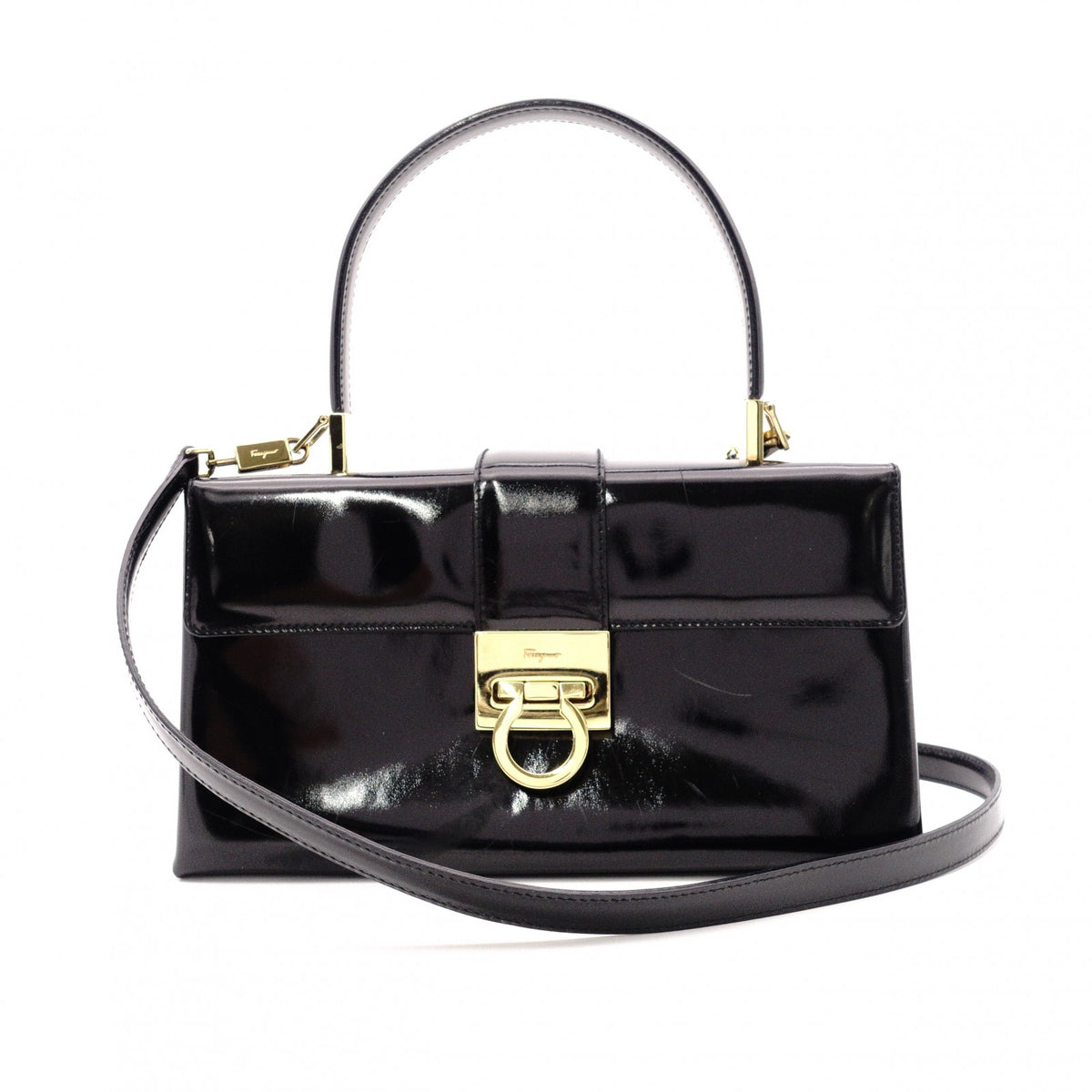 Salvatore Ferragamo Gancini Handbag, Patent Leather, Black, 2-Way, Gold Hardware