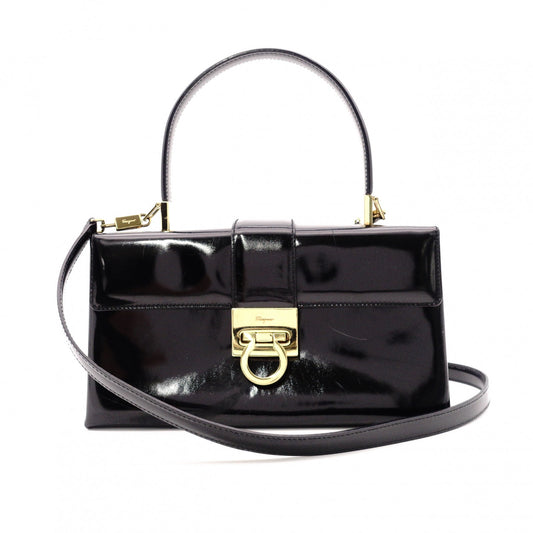 Salvatore Ferragamo Gancini Handbag, Patent Leather, Black, 2-Way, Gold Hardware