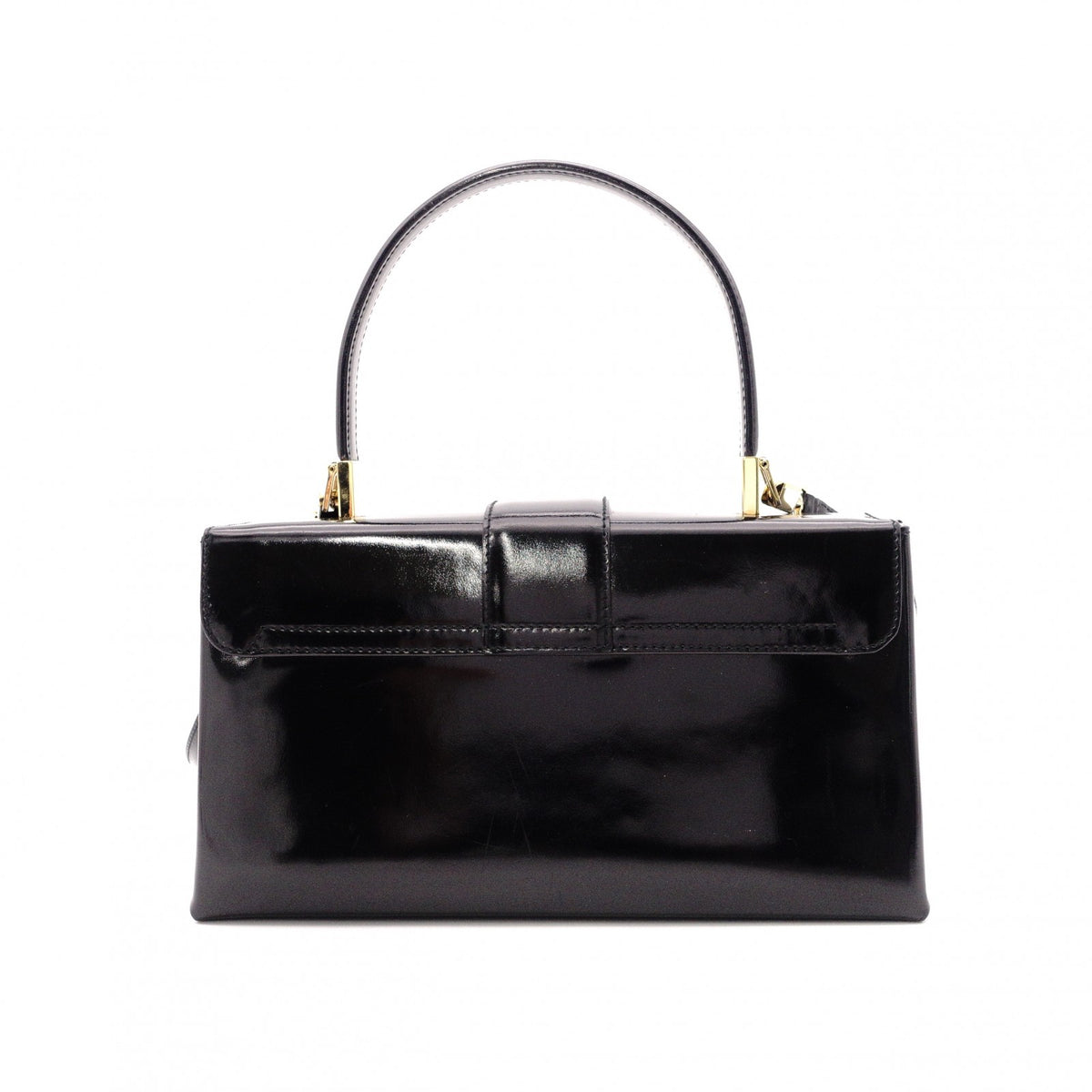 Salvatore Ferragamo Gancini Handbag, Patent Leather, Black, 2-Way, Gold Hardware