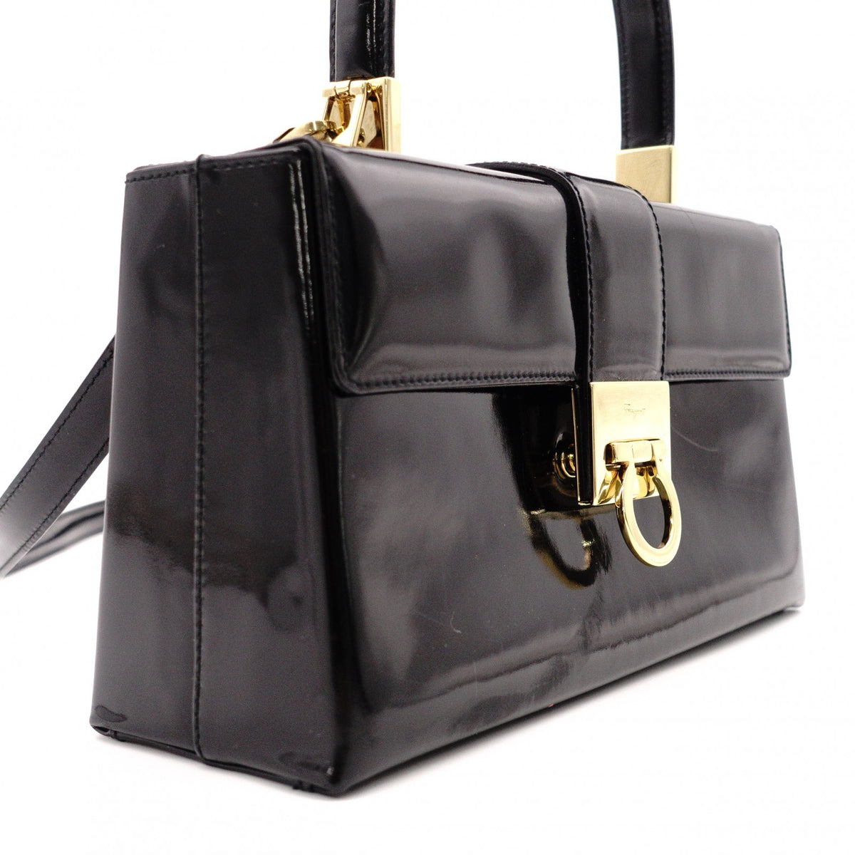 Salvatore Ferragamo Gancini Handbag, Patent Leather, Black, 2-Way, Gold Hardware