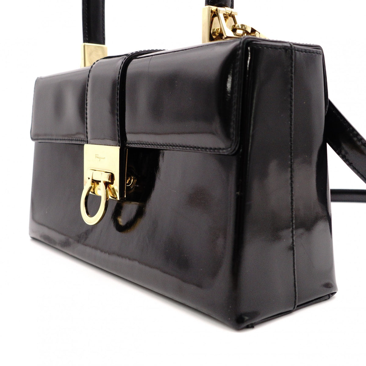 Salvatore Ferragamo Gancini Handbag, Patent Leather, Black, 2-Way, Gold Hardware