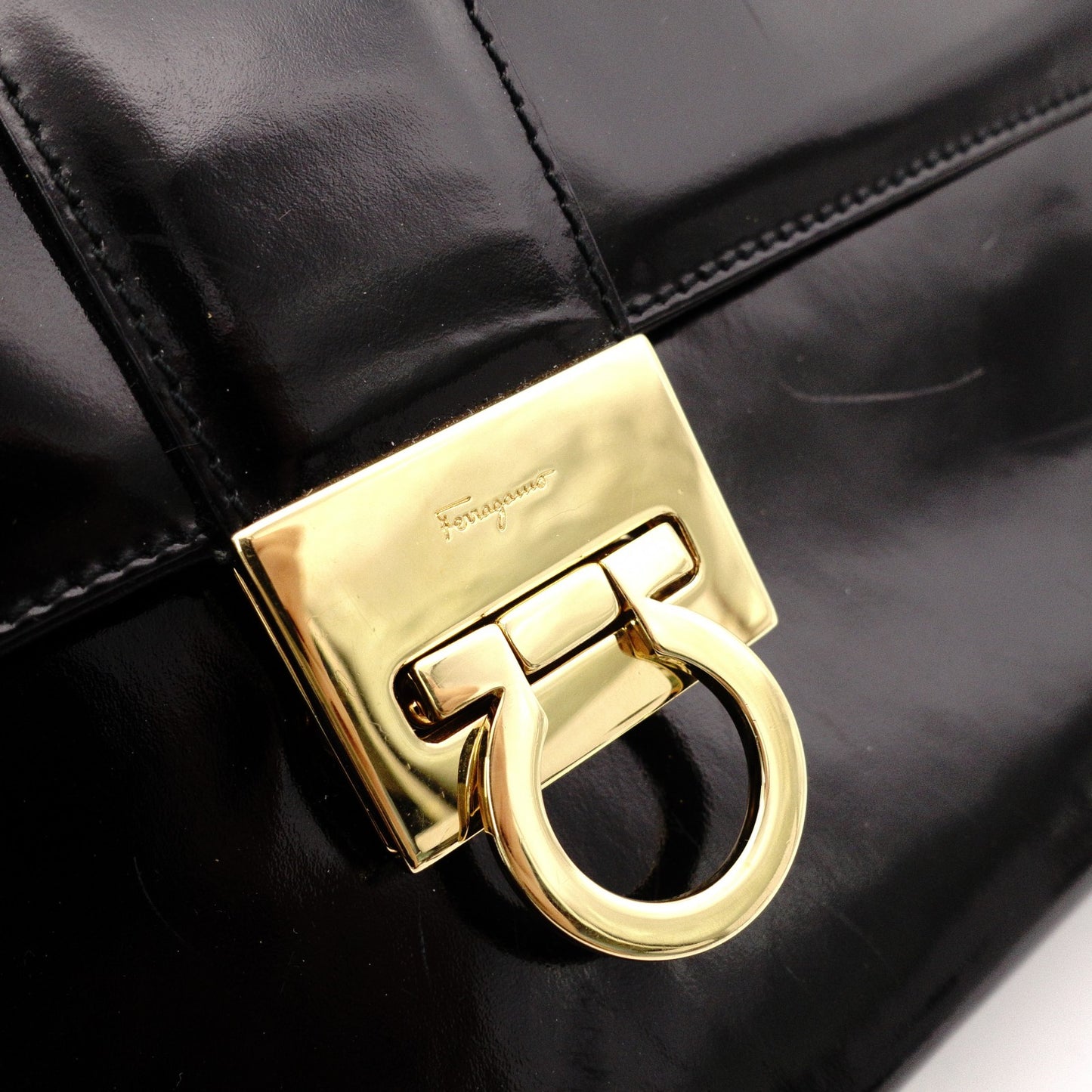 Salvatore Ferragamo Gancini Handbag, Patent Leather, Black, 2-Way, Gold Hardware