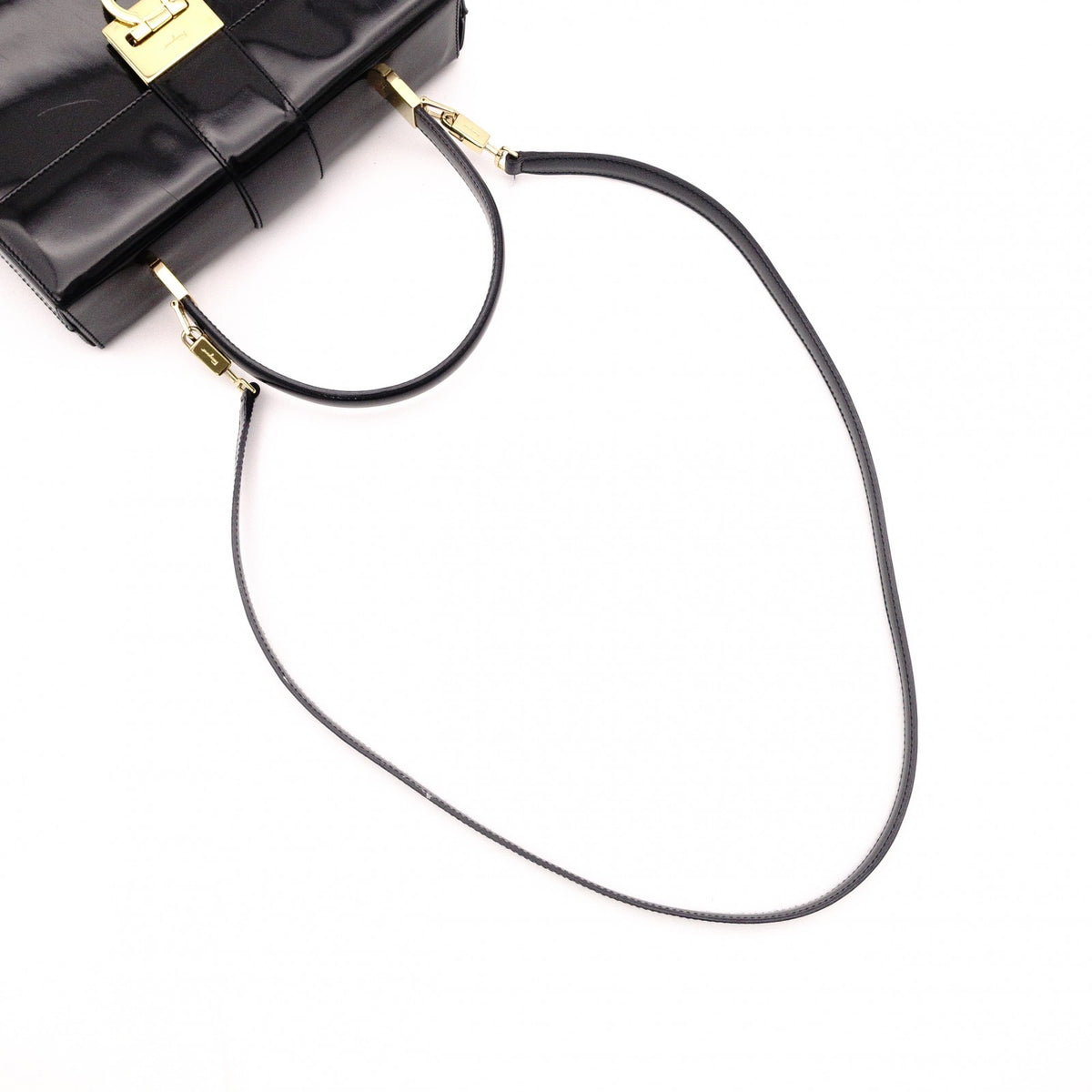 Salvatore Ferragamo Gancini Handbag, Patent Leather, Black, 2-Way, Gold Hardware